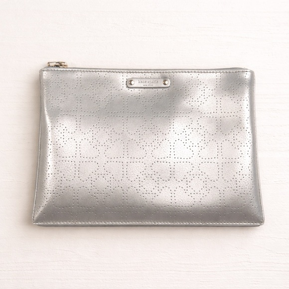 kate spade Handbags - Kate Spade Little Shiloh Metro Silver Perforated Cosmetic Makeup Pouch Clutch